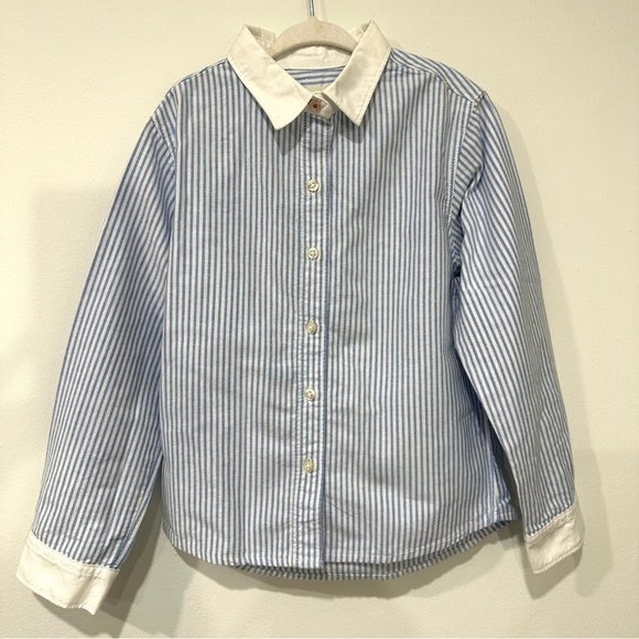 Lands End Girl’s Long Sleeve Striped Button Down Shirt Blue and White Size 6 - Picture 1 of 3